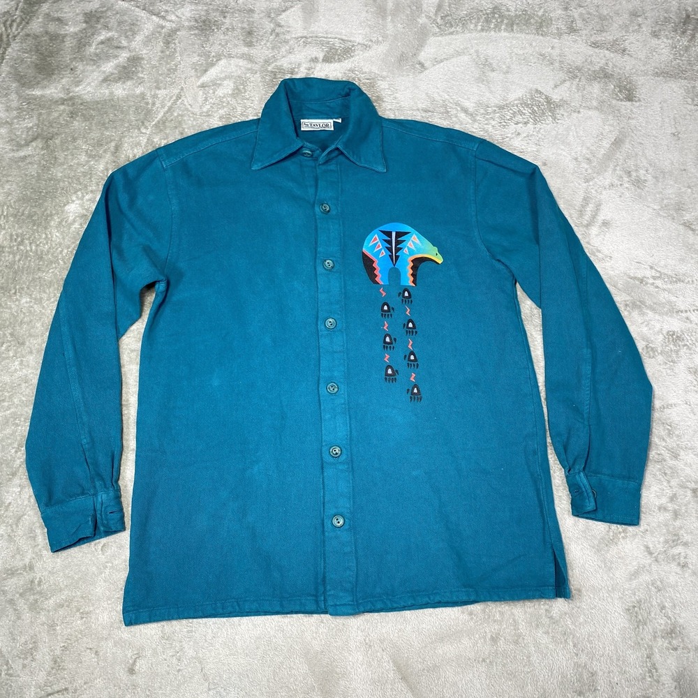 By Taylor Shirt Mens XS Teal Southwestern Bear Graphic Button Up Vintage Retro